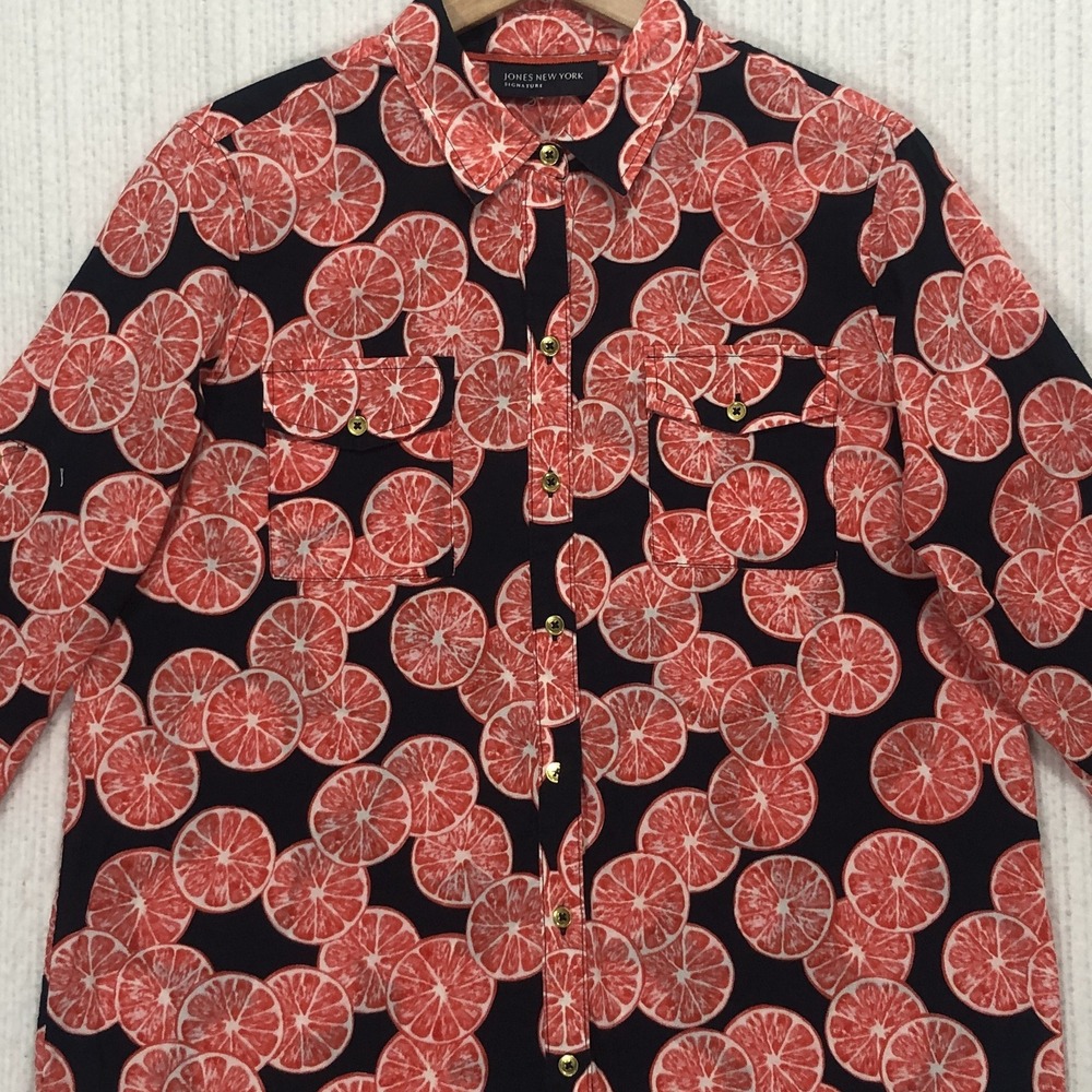 Jones New York Signature Grapefruit Print Button Up Shirt Navy Pink 3/4 Sleeve